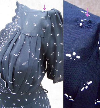 vintage 40s navy sheer dress flaw